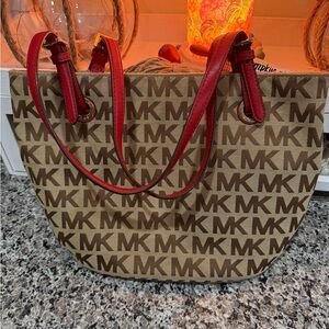 Michael Kors Tan and Red Monogram Tote